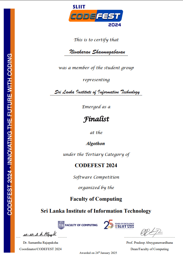SLIIT Codefest Algothon 2024 Finalist Certificate