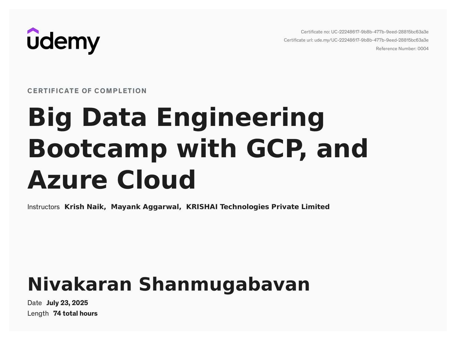 Udemy Certificate - Big Data Engineering Bootcamp with GCP, and Azure Cloud